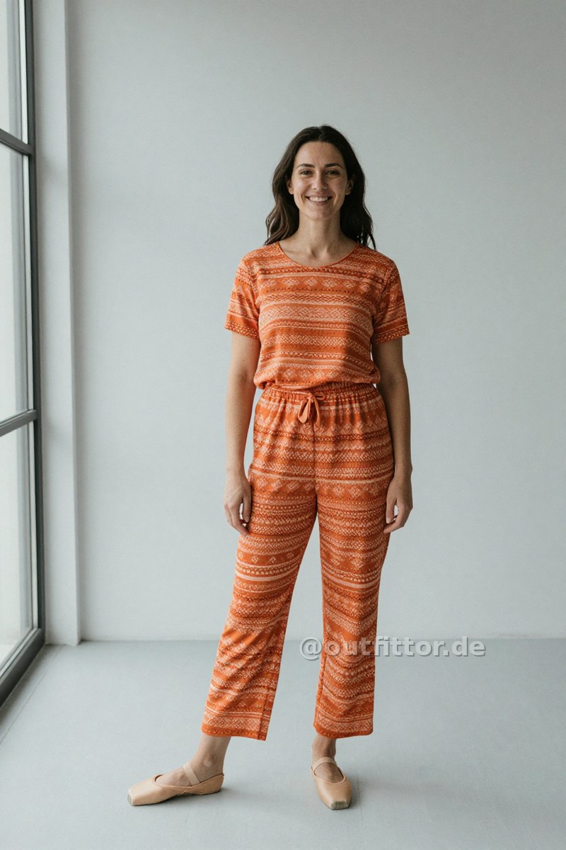 Orange jumpsuit with nordic pattern and beige synthetic ballet flats — Outfit #102