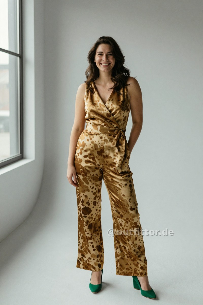 Gold jumpsuit with cow print pattern and green synthetic pumps — Outfit #58