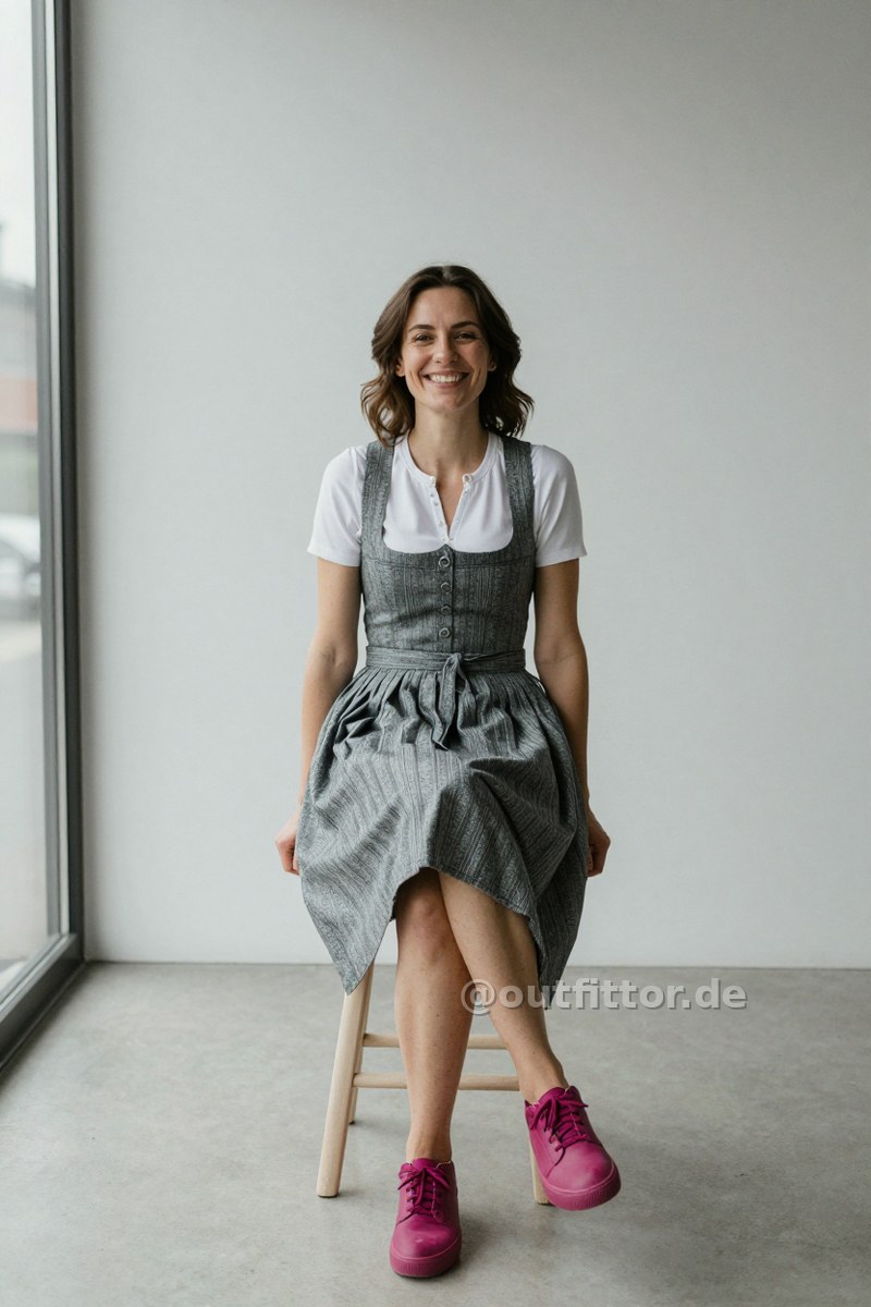 Magenta rubber sneakers and grey dirndl dress with heather pattern — Outfit #103