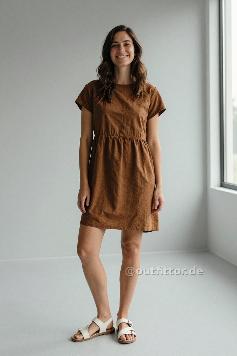 Bronze dress and white polyurethane sandals — Outfit #60