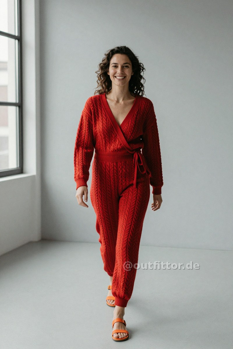 Orange synthetic fiber sandals and red jumpsuit with cable knit pattern — Outfit #61