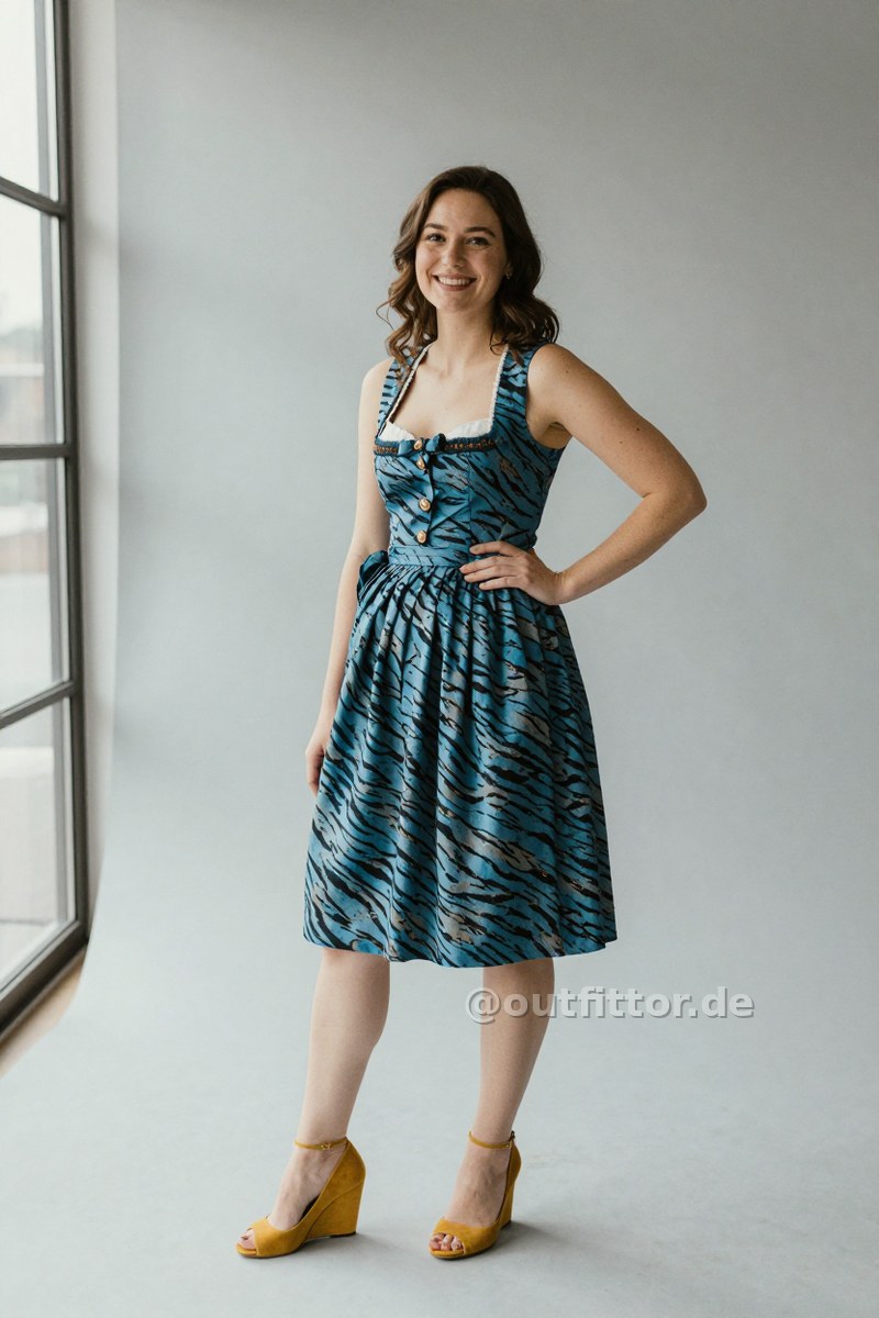Yellow velvet high heels and blue dirndl dress with tiger stripes pattern — Outfit #63