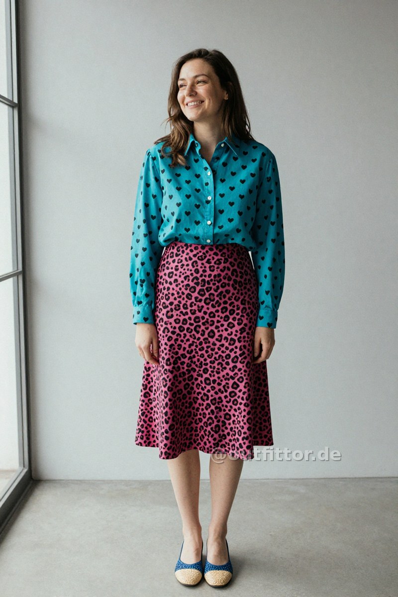 Turquoise shirt with hearts pattern, blue straw/raffia shoes and magenta knee-length skirts with leopard print pattern — Outfit #111