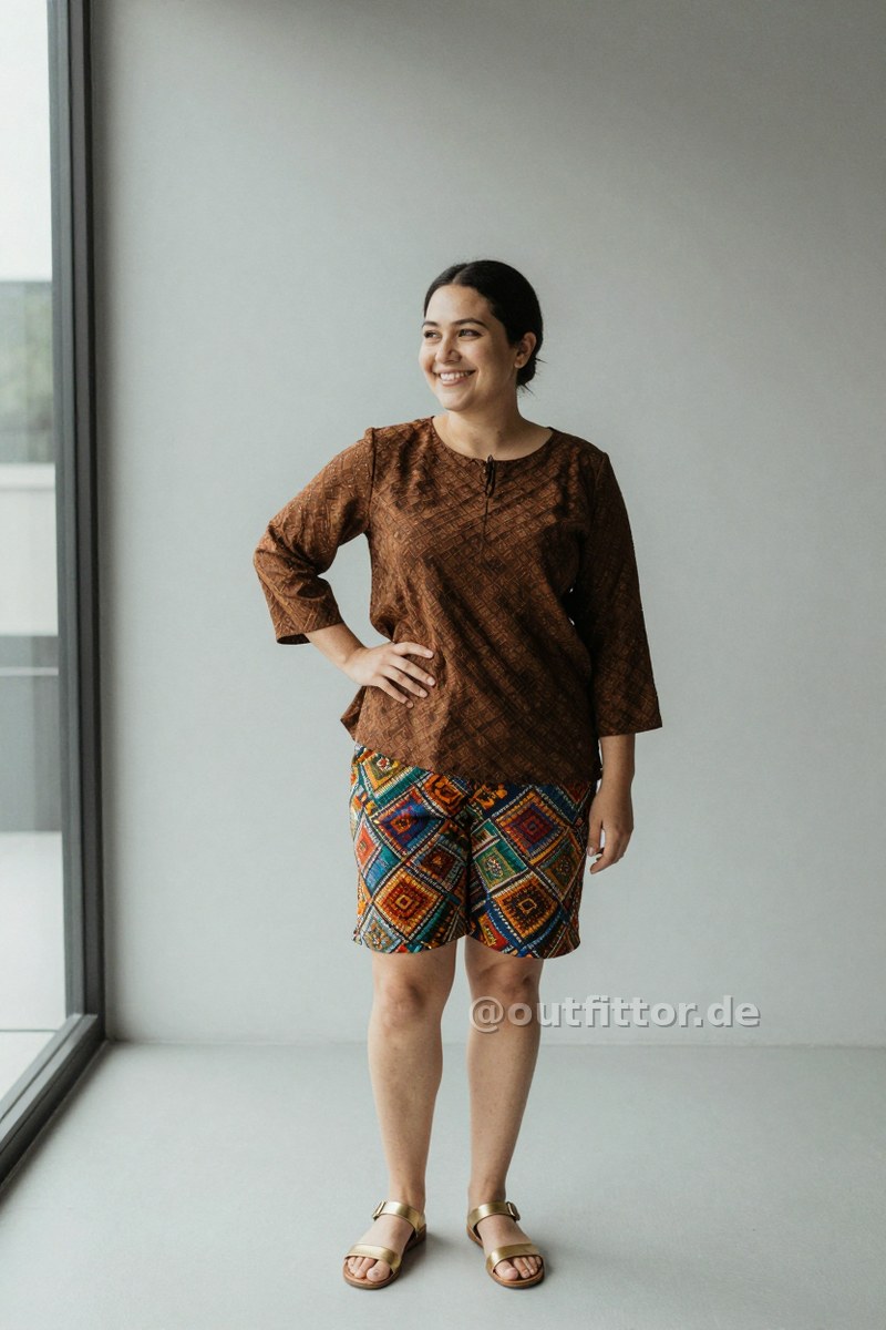 Gold synthetic patent sandals, brown blouse with textured pattern and colorful shorts with jacquard pattern — Outfit #67