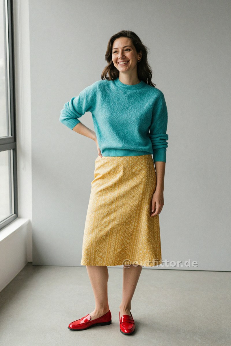 Turquoise sweater with textured pattern, yellow knee-length skirts with ethnic pattern and red patent loafers — Outfit #112
