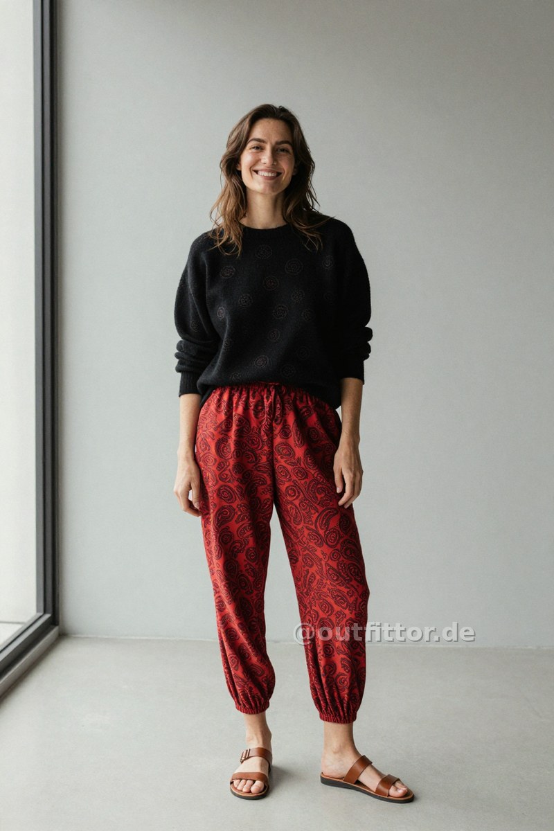 Red trousers with paisley pattern, brown lambskin sandals and sweater — Outfit #69