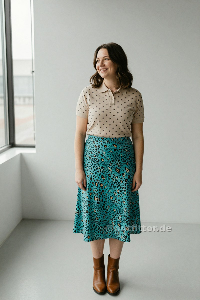 Bronze synthetic boots, beige polo shirt with polka dot pattern and turquoise knee-length skirts with animal print pattern — Outfit #70