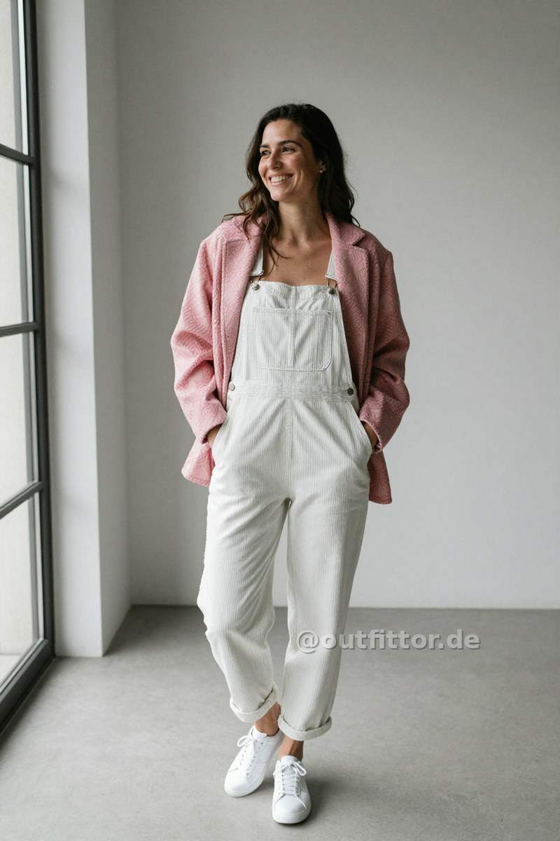 Pink jacket with intarsia pattern, white satin sneakers and overalls — Outfit #71