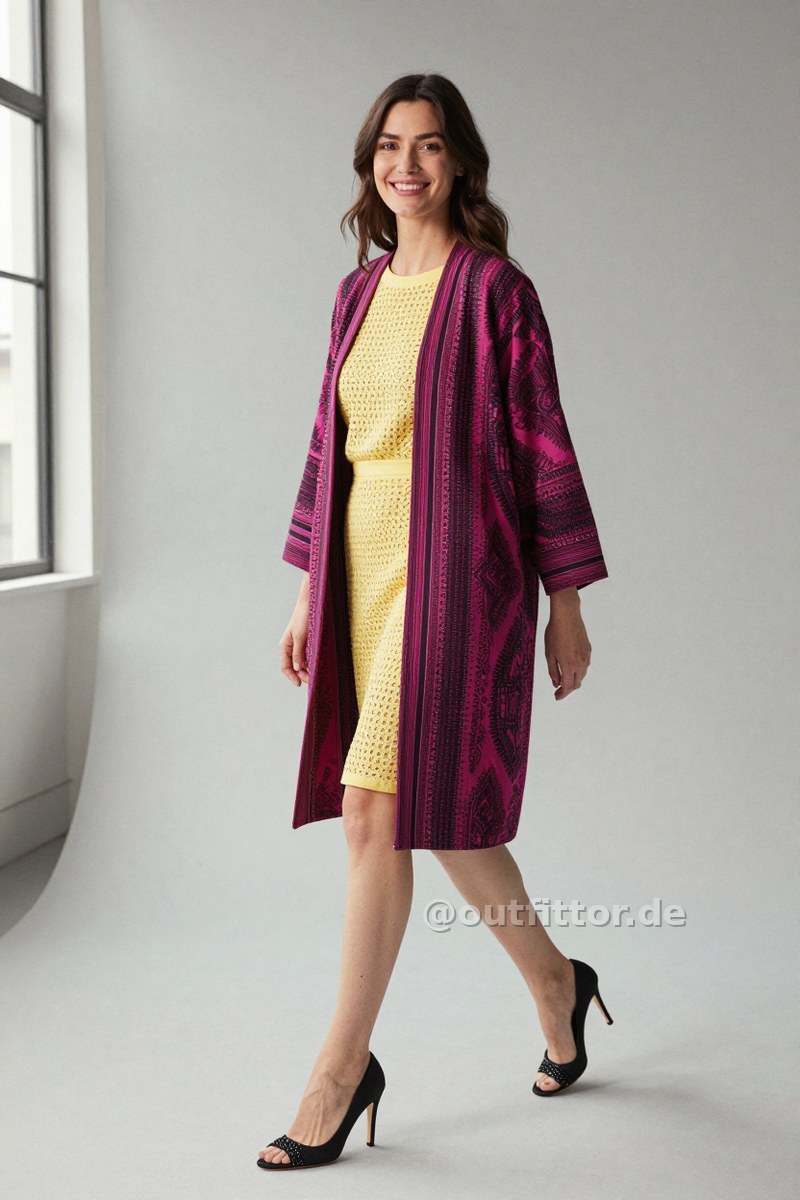 Yellow skirt with holes pattern, black satin high heels and magenta coat with ethnic pattern — Outfit #116