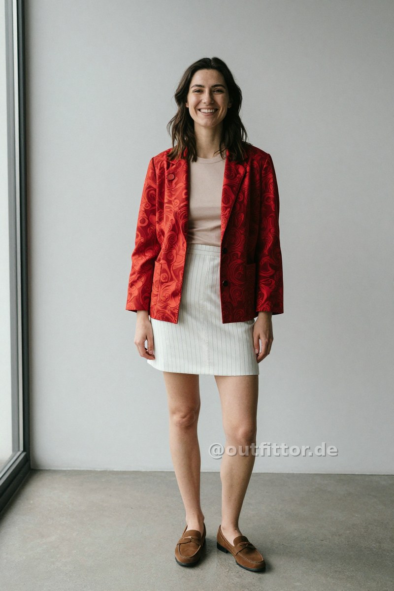 Red jacket with ornamental pattern, white mini skirts with pinstripe pattern and bronze neoprene loafers — Outfit #117