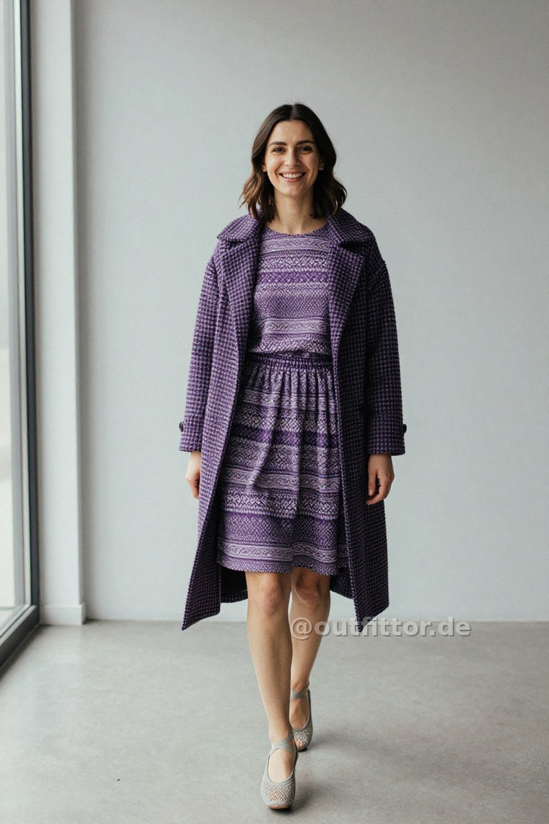 Lilac skirt with nordic pattern, lilac coat with houndstooth pattern and grey mesh ballet flats — Outfit #73