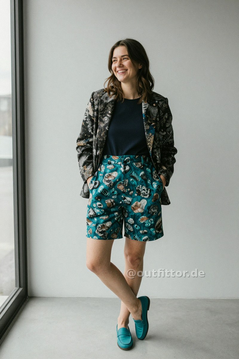 Black jacket with nature print pattern, petrol skorts with rock-style print pattern and petrol synthetic fiber loafers — Outfit #118
