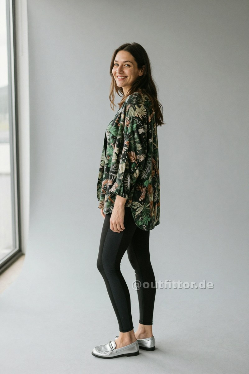 Green jacket with nature print pattern, black leggins with color block pattern and silver canvas loafers — Outfit #74