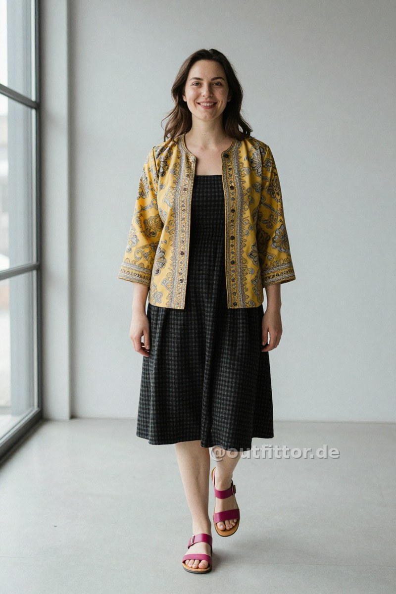 Yellow jacket with oriental pattern, black skirt with square pattern and magenta faux leather sandals — Outfit #119
