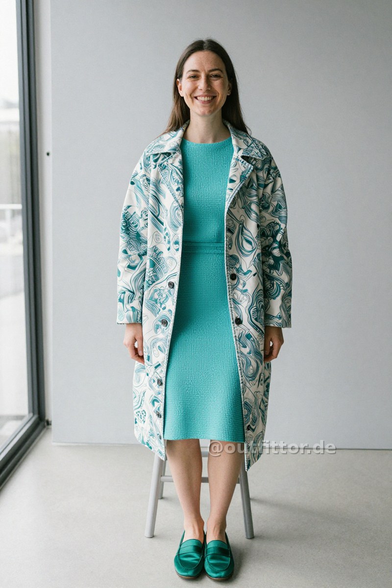 White coat with batik pattern, turquoise knee-length skirts with waffle pattern and green satin loafers — Outfit #126