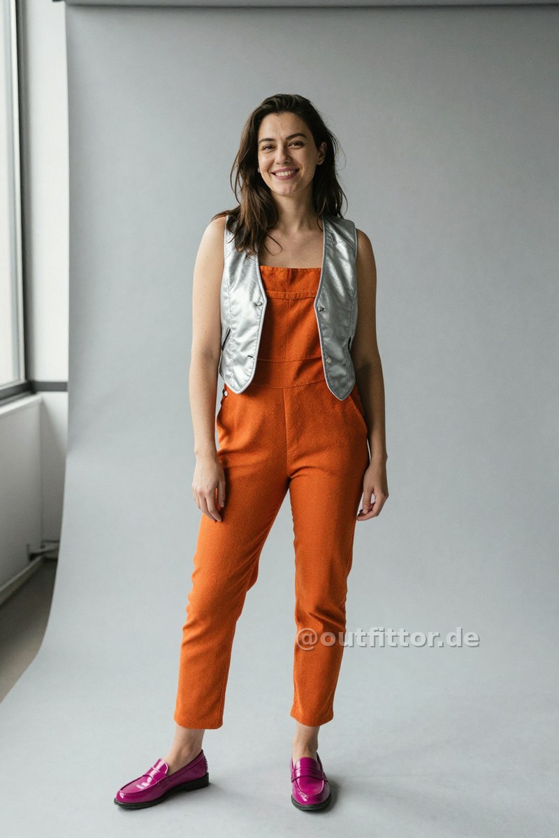 Silver vest with color block pattern, orange overalls with herringbone pattern and magenta synthetic patent loafers — Outfit #81