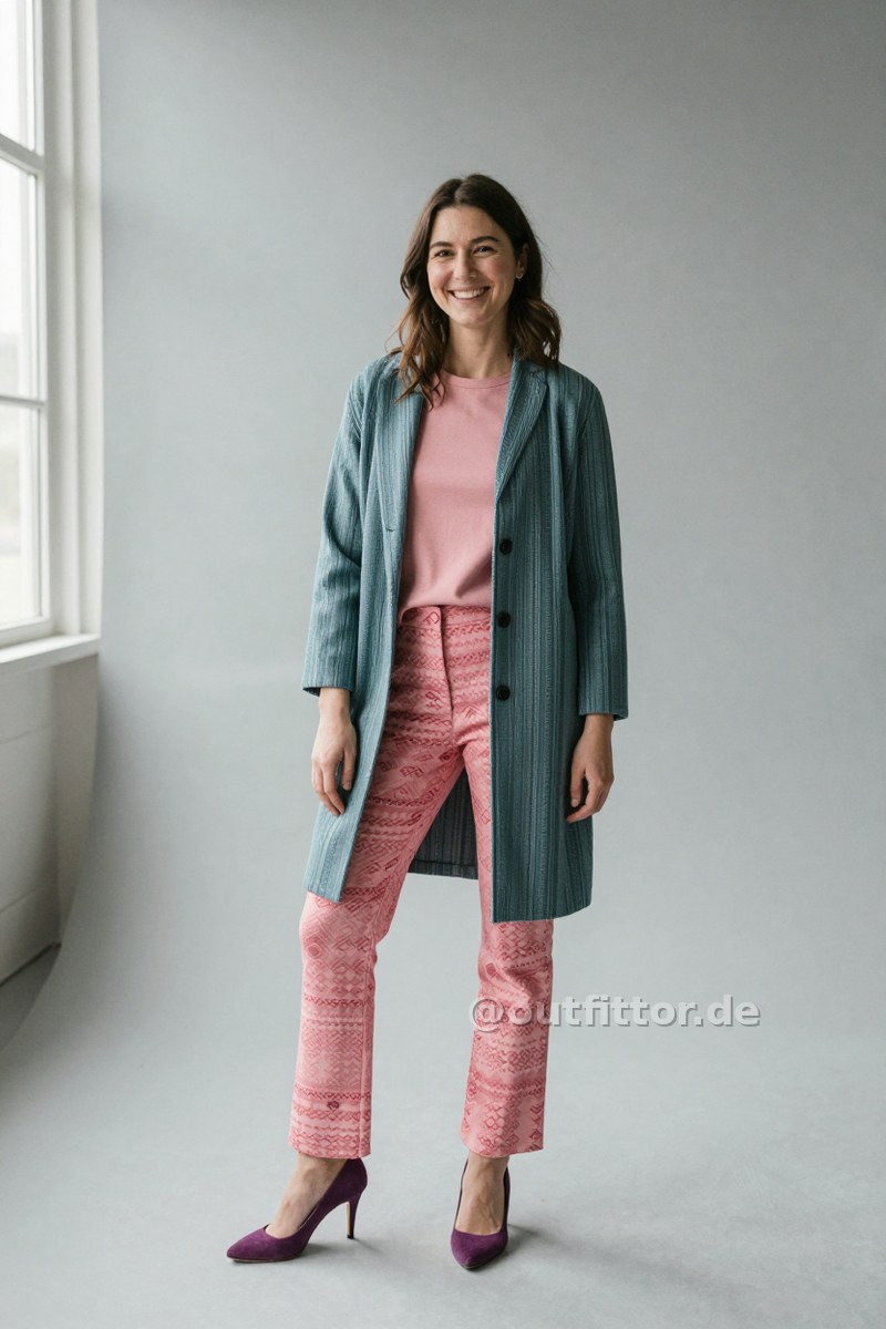 Pink trousers with nordic pattern, petrol coat with stripes pattern and lilac lambskin pumps — Outfit #127