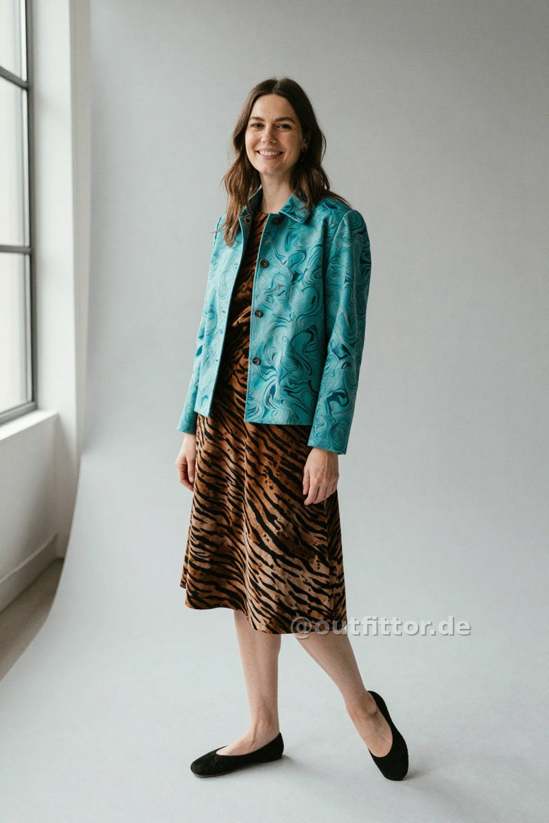 Turquoise jacket with marbled pattern, brown skirt with tiger stripes pattern and black lambskin ballet flats — Outfit #82