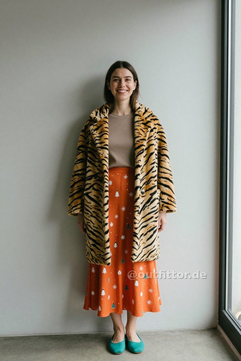 Yellow coat with tiger stripes pattern, orange long skirts with christmas print pattern and petrol synthetic ballet flats — Outfit #128