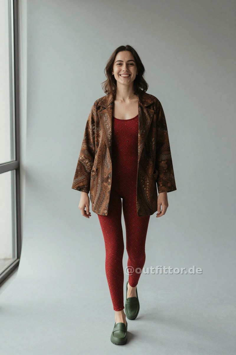 Bronze jacket with ethnic pattern, red leggins with batik pattern and green rubber loafers — Outfit #83