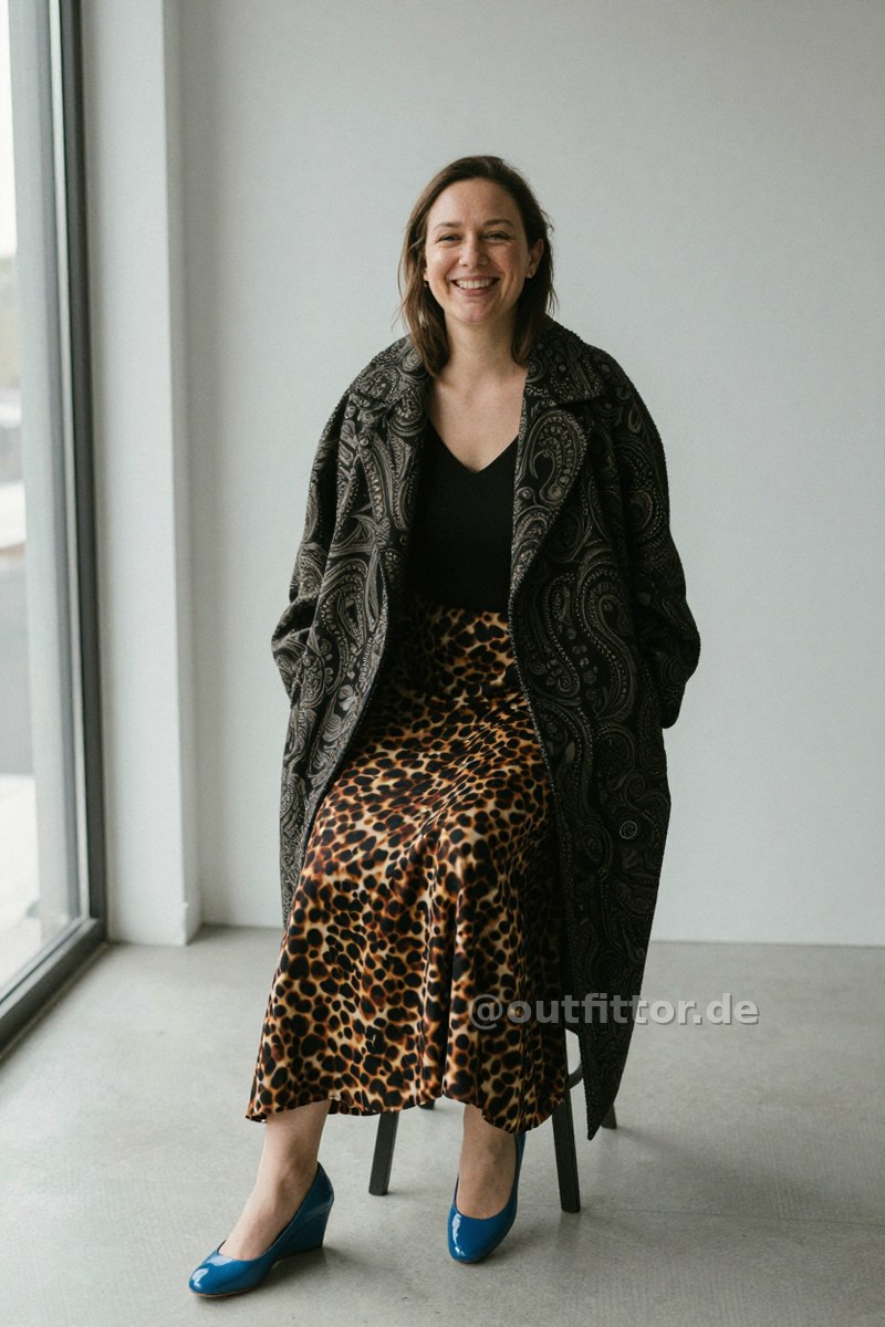 Black coat with paisley pattern, colorful long skirts with tortoiseshell pattern and blue synthetic patent pumps — Outfit #129