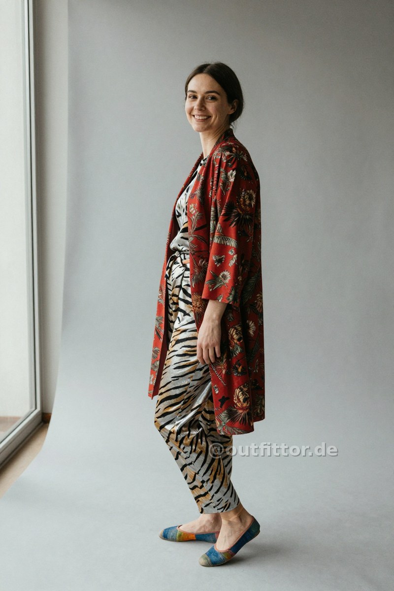 Silver trousers with tiger stripes pattern, red coat with nature print pattern and colorful denim ballet flats — Outfit #84