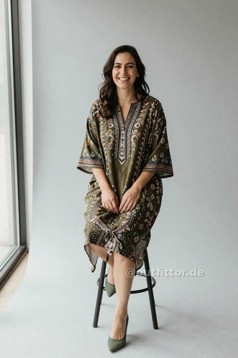Olive tunic with oriental pattern and green mesh pumps — Outfit #130