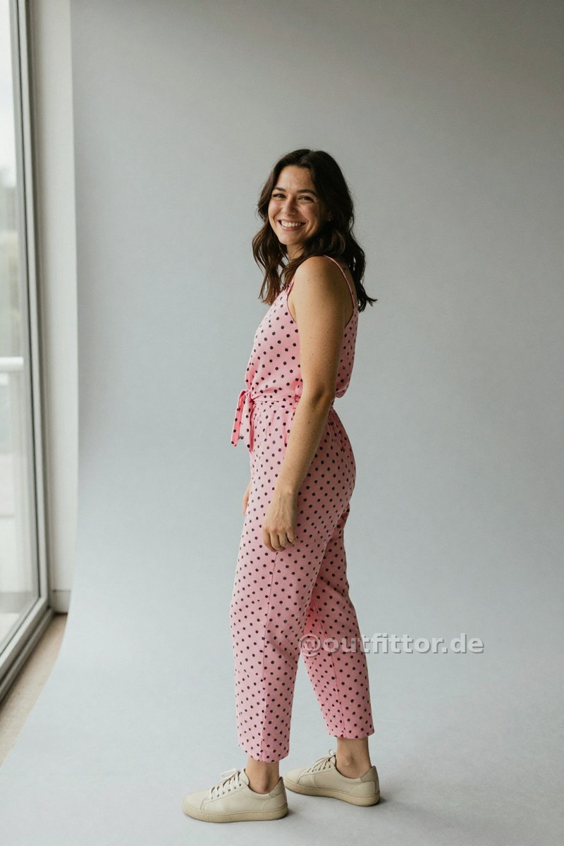 Beige faux leather sneakers and pink jumpsuit with polka dot pattern — Outfit #131
