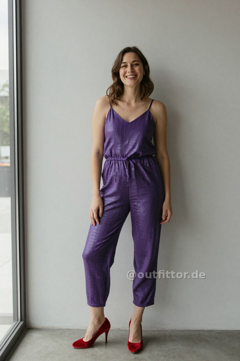 Jumpsuit and red velvet pumps — Outfit #86
