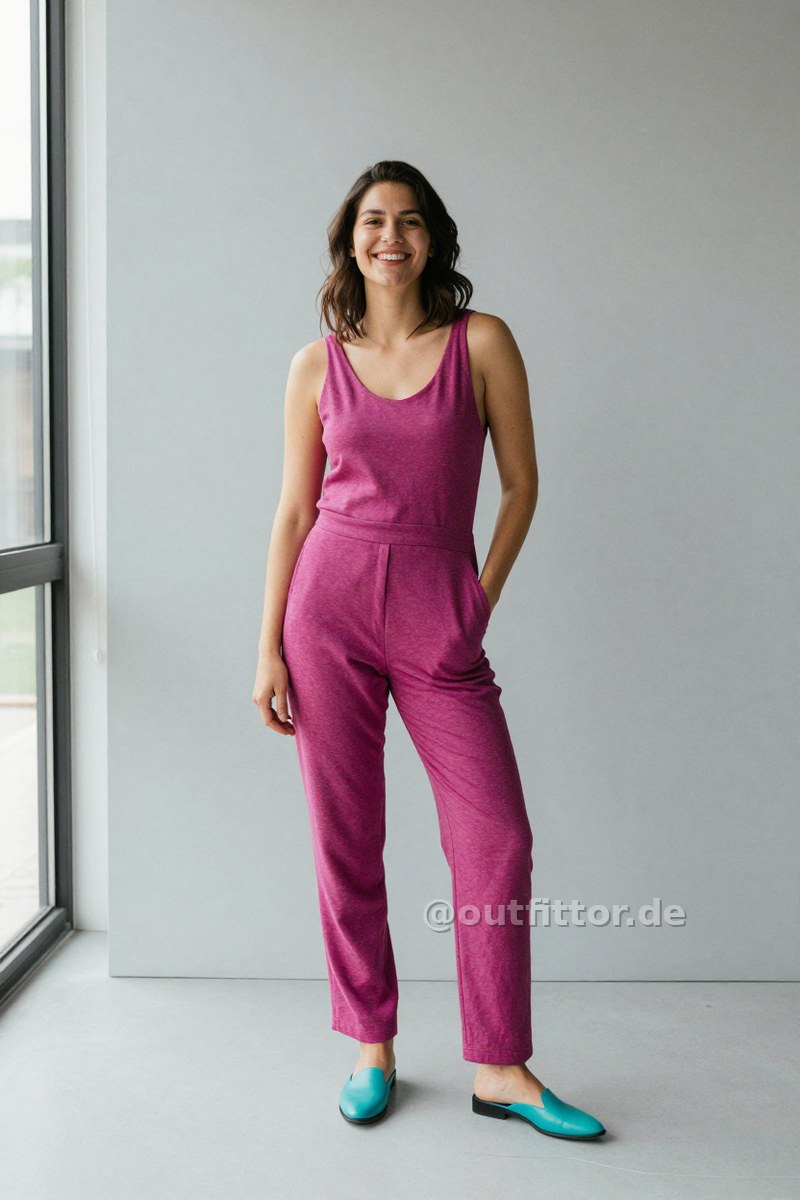 Magenta jumpsuit with heather pattern and turquoise leather shoes — Outfit #132