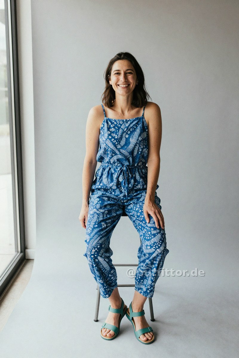 Petrol synthetic/rubber sandals and blue jumpsuit with print pattern — Outfit #88