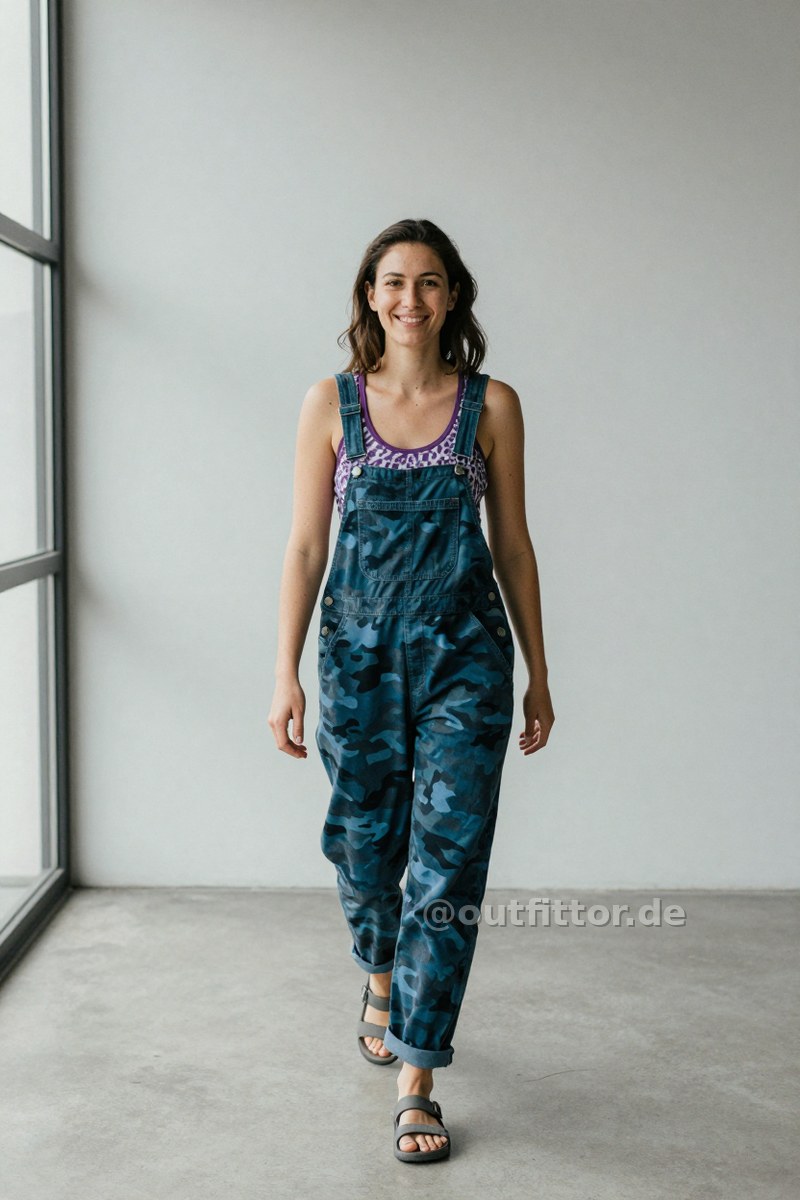 Lilac tanktop with animal print pattern, grey neoprene sandals and petrol overalls with camouflage pattern — Outfit #134