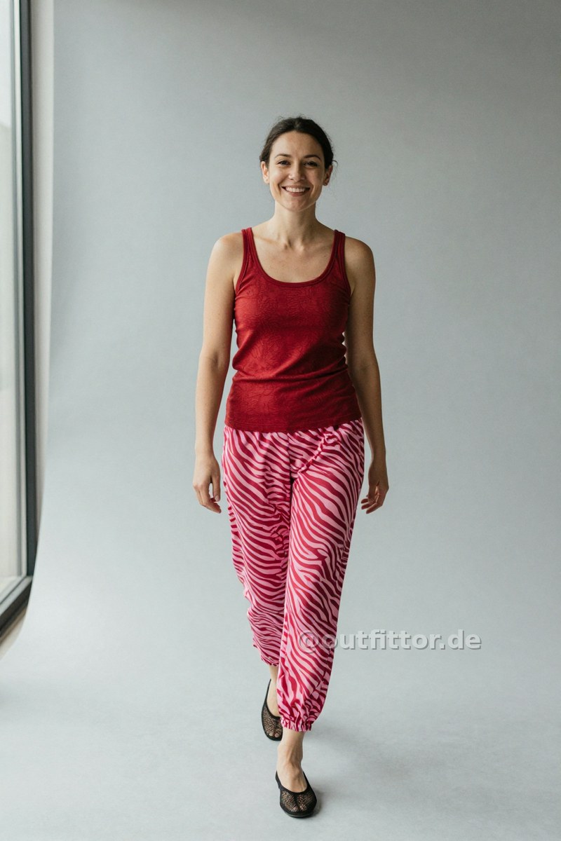 Red tanktop with textured pattern, pink trousers with zebra print pattern and black mesh ballet flats — Outfit #135