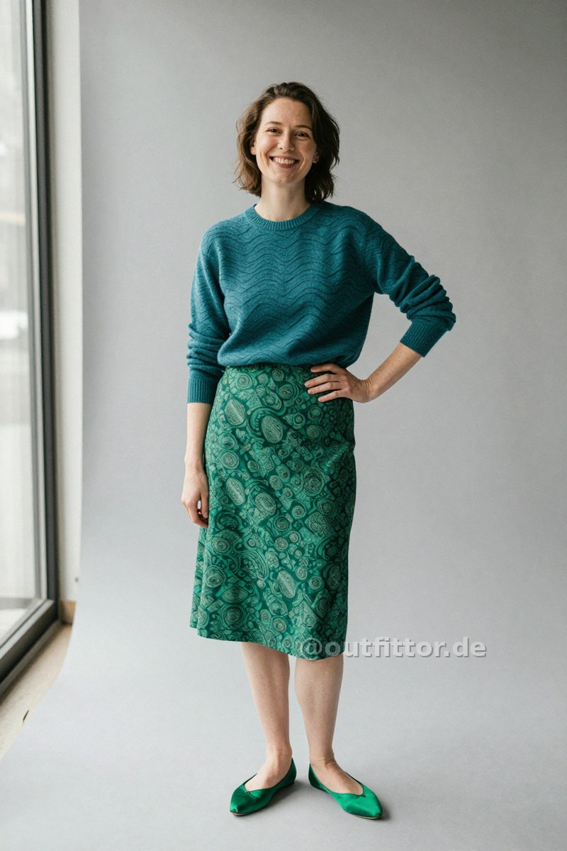 Petrol sweater with wave pattern, green knee-length skirts with oriental pattern and green satin ballet flats — Outfit #136