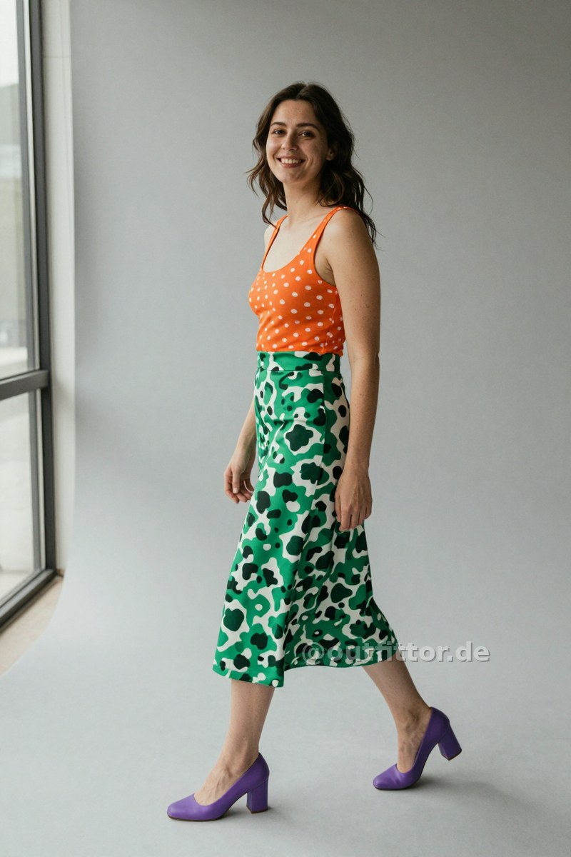 Orange tanktop with polka dot pattern, green long skirts with cow print pattern and lilac neoprene pumps — Outfit #92
