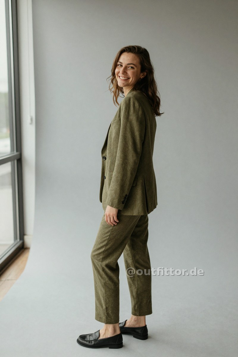 Olive suit with textured pattern and black faux leather loafers — Outfit #96