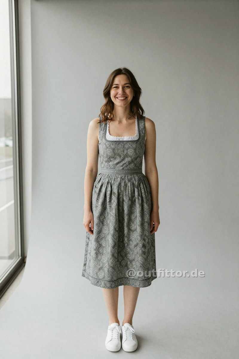 White synthetic/rubber sneakers and grey dirndl dress with oriental pattern — Outfit #182