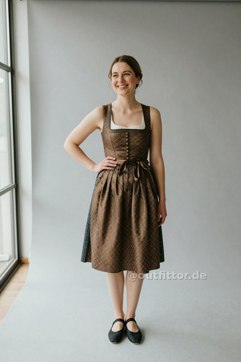 Bronze dirndl dress with diamond pattern and black denim ballet flats — Outfit #142