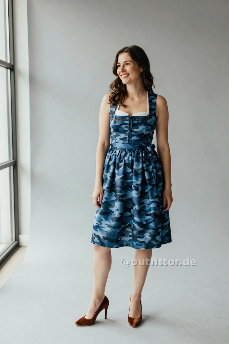 Brown velvet high heels and blue dirndl dress with camouflage pattern — Outfit #183