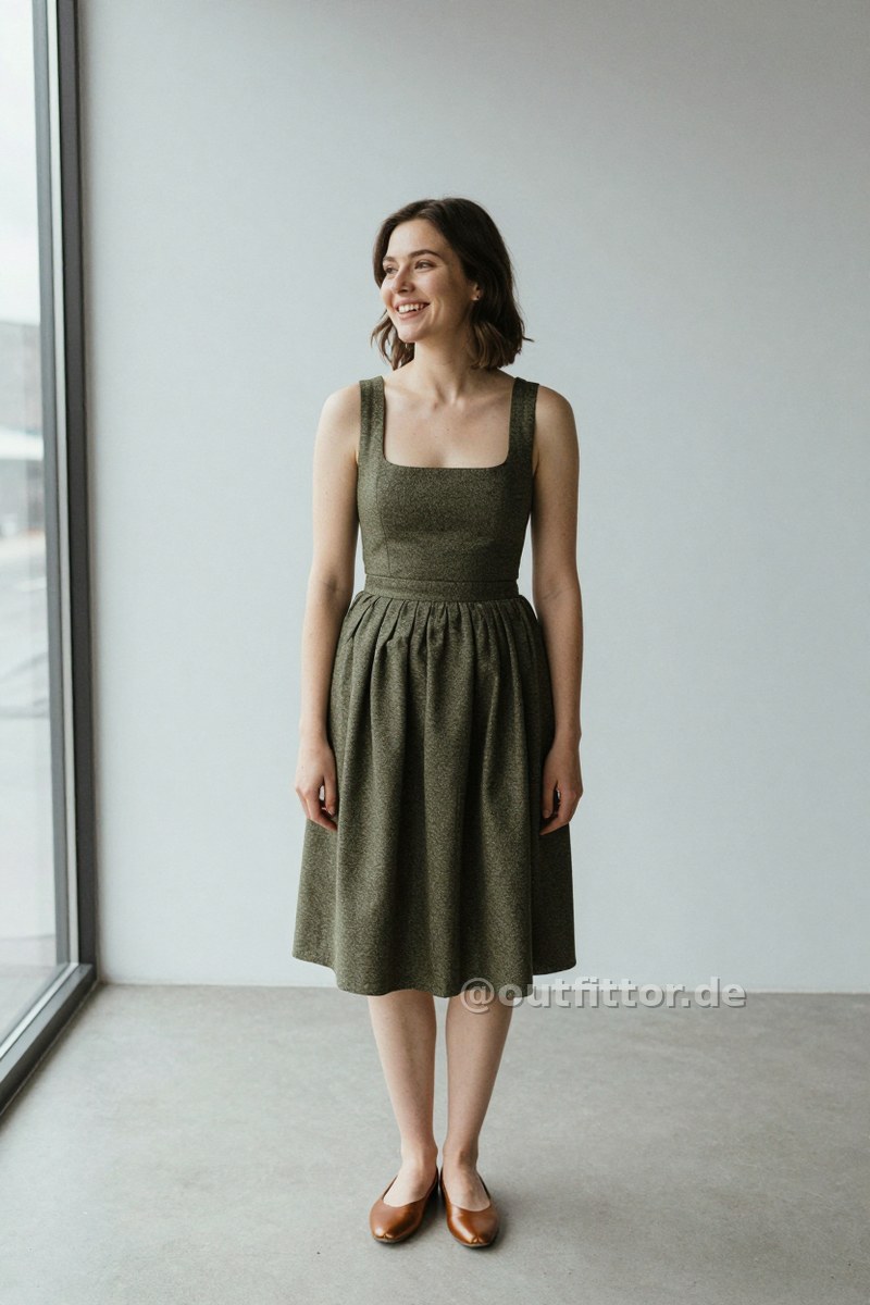 Olive dirndl dress with heather pattern and bronze synthetic patent ballet flats — Outfit #143