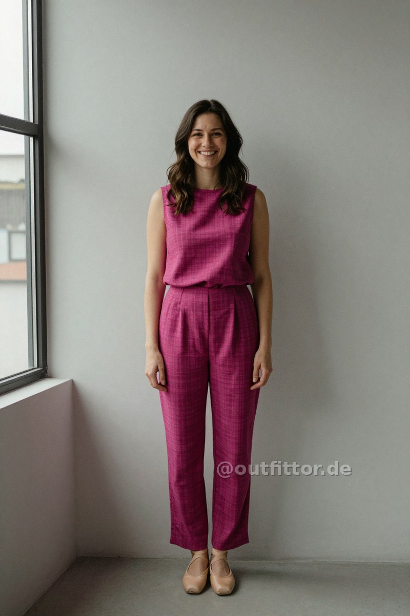 Magenta jumpsuit with jacquard pattern and beige leather ballet flats — Outfit #283