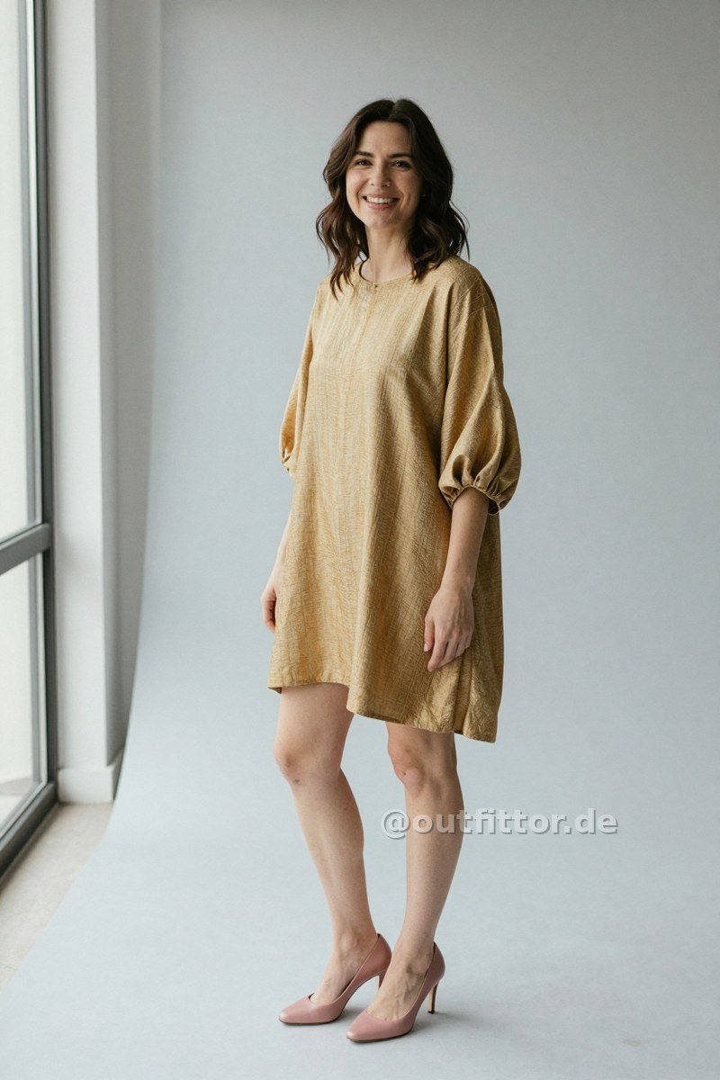Gold tunic with heather pattern and pink faux leather pumps — Outfit #144