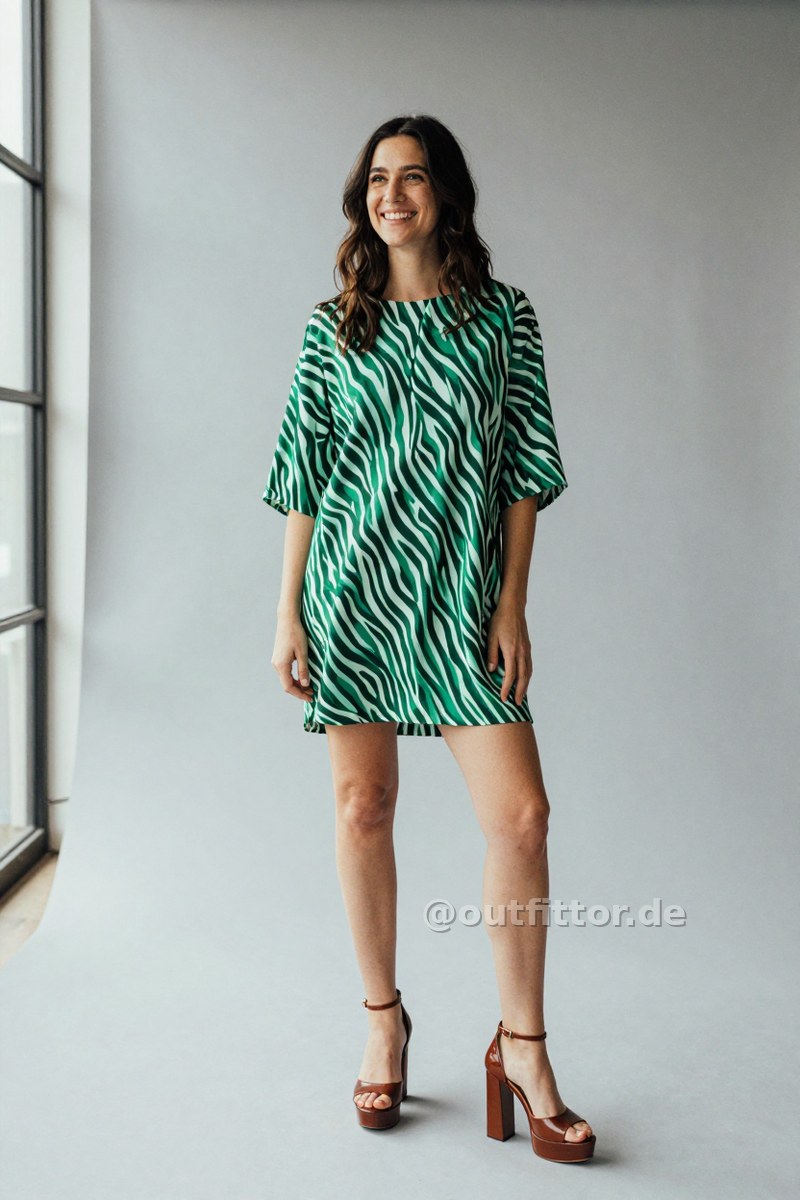 Brown patent high heels and green tunic with zebra print pattern — Outfit #185