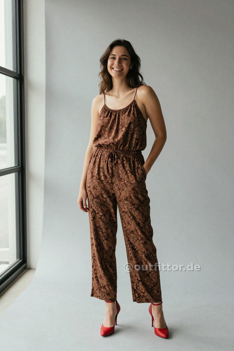 Red polyurethane high heels and bronze jumpsuit with oriental pattern — Outfit #284