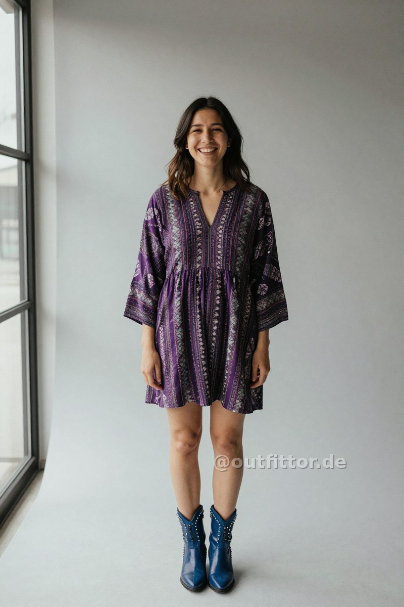 Lilac dress with ethnic pattern and blue synthetic patent boots — Outfit #145
