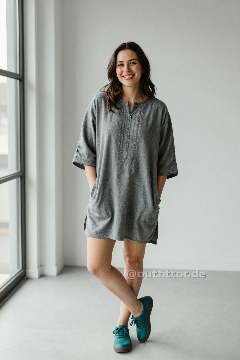 Petrol rubber sneakers and grey tunic with embroidered pattern — Outfit #186