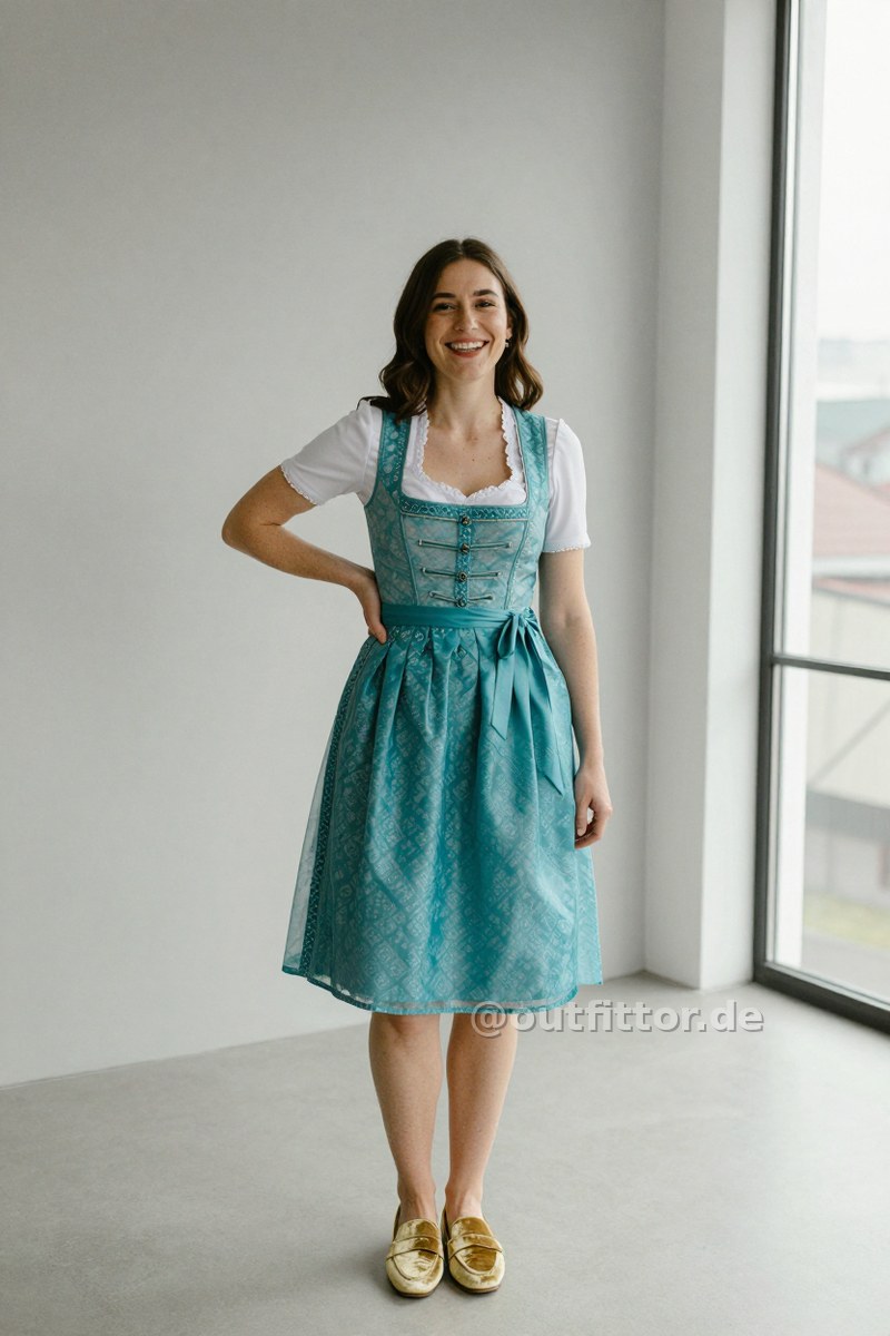 Turquoise dirndl dress with transparent pattern and gold velvet loafers — Outfit #285