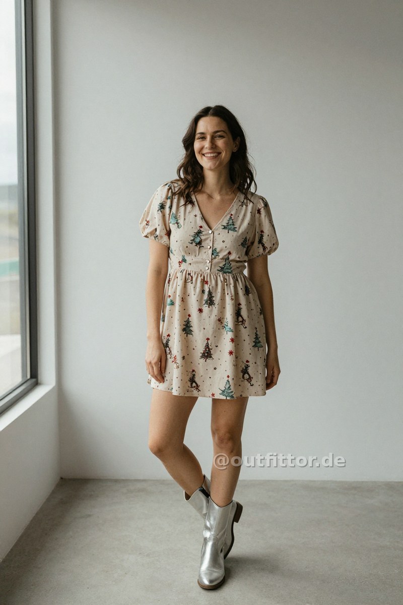 Beige dress with christmas print pattern and silver patent boots — Outfit #286