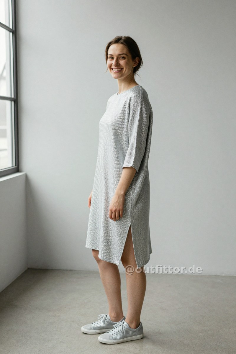 Silver suede sneakers and silver tunic with waffle pattern — Outfit #188