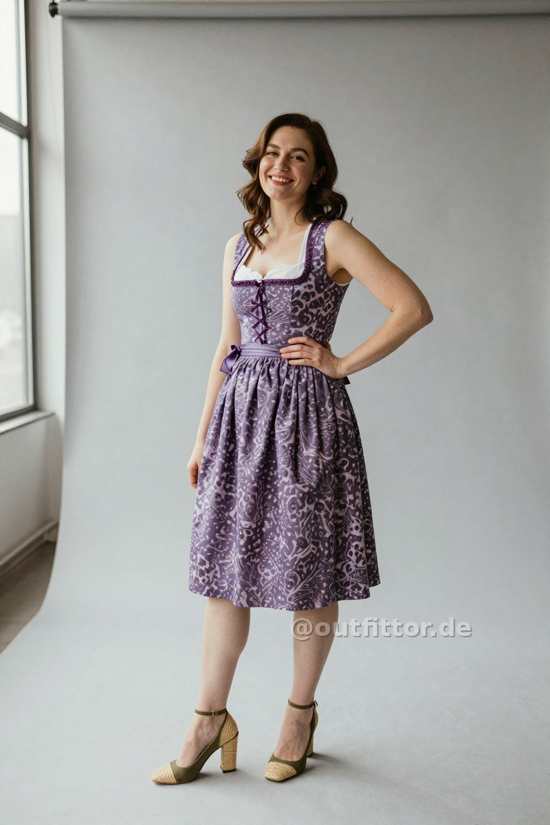 Olive straw/raffia high heels and lilac dirndl dress with animal print pattern — Outfit #189